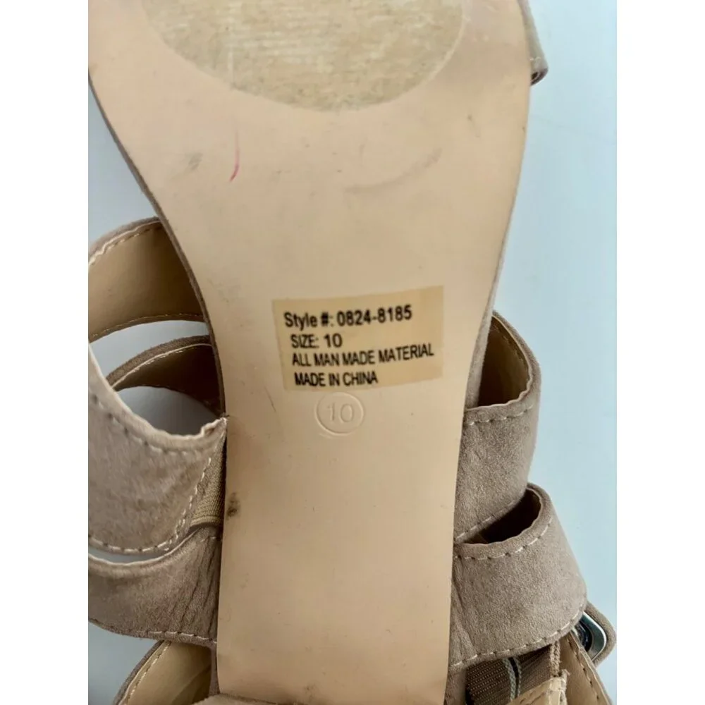 Taupe Faux Suede Sandals 10 Strappy Block Heel Ankle Wrap Quiet Luxury Boho Glam - Picture 11 of 14